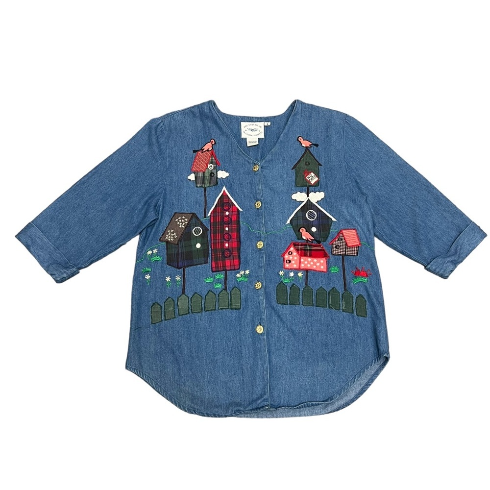 VTG 80s Country Wear Denim Patchwork Butterfly Shirt Size 8 S or M Bird Watcher